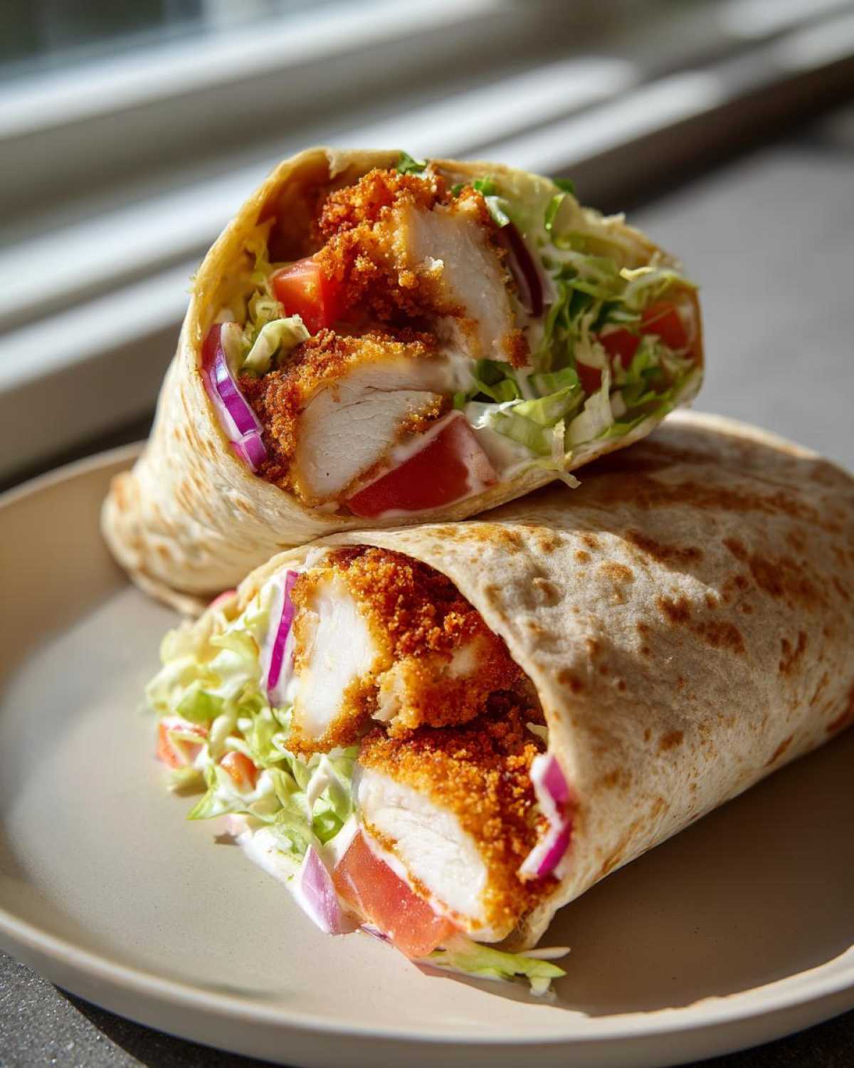A cross-section of a Crispy Chicken Wrap showing golden fried chicken, lettuce, tomato, red onion, and white sauce.