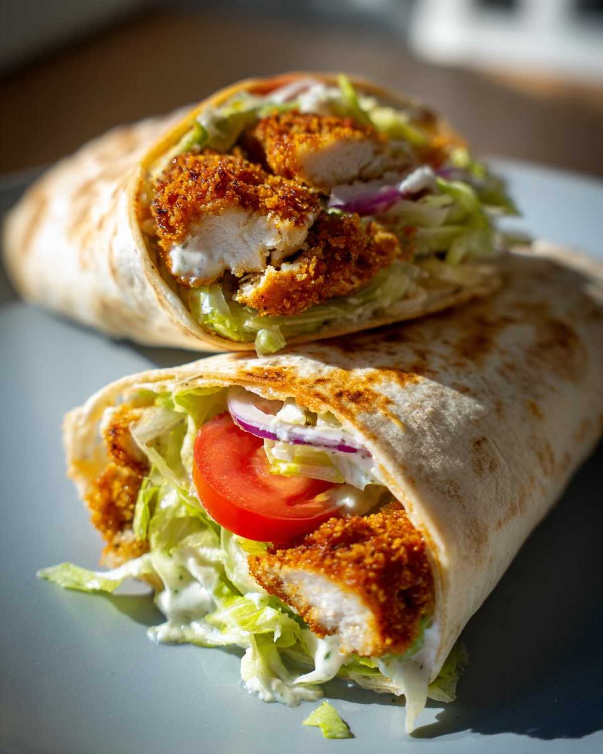 Two halves of a Crispy Chicken Wrap with Garlic Yogurt Sauce, filled with breaded chicken, lettuce, tomato, and onion.