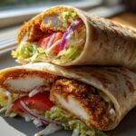 Two halves of a Crispy Chicken Wrap with Garlic Yogurt Sauce, showing crispy chicken, lettuce, tomato, and red onion inside a tortilla.