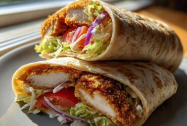 Two halves of a Crispy Chicken Wrap with Garlic Yogurt Sauce, showing crispy chicken, lettuce, tomato, and red onion inside a tortilla.