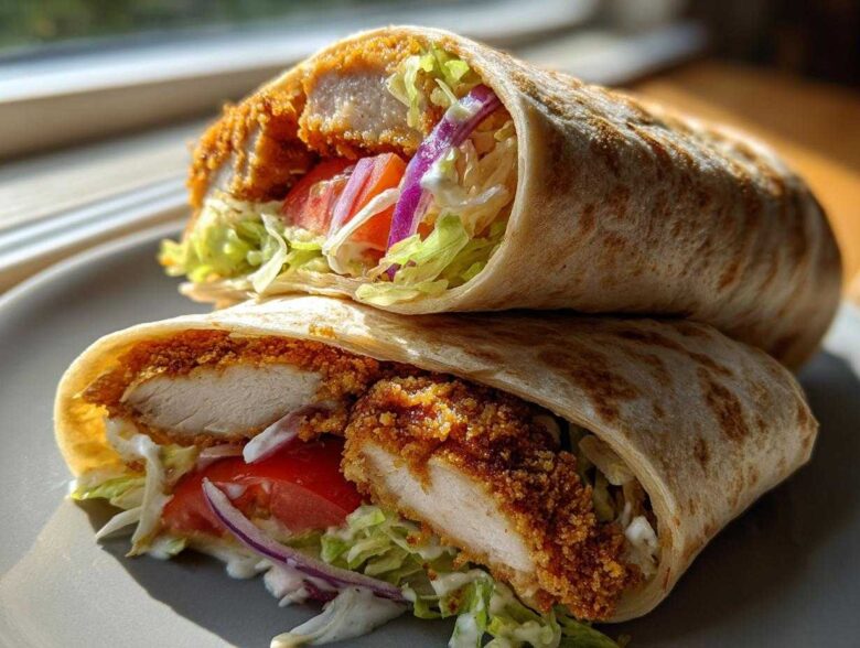 Two halves of a Crispy Chicken Wrap with Garlic Yogurt Sauce, showing crispy chicken, lettuce, tomato, and red onion inside a tortilla.