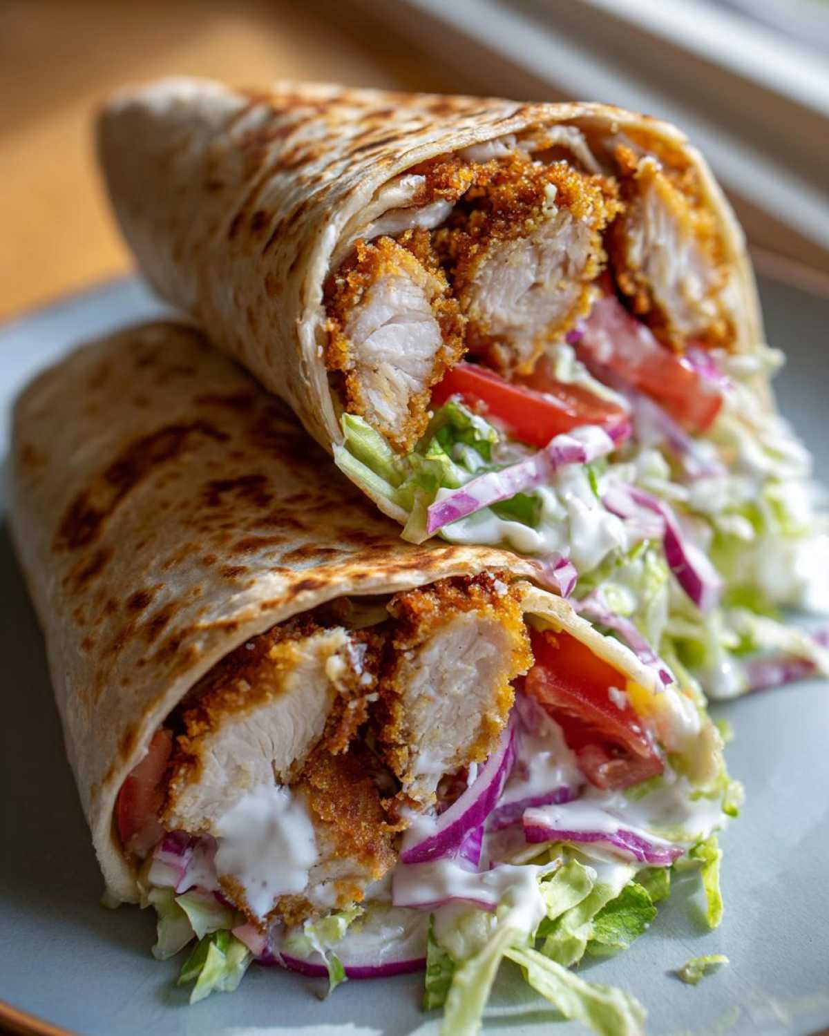 Two halves of a Crispy Chicken Wrap with Garlic Yogurt Sauce, showing crispy chicken, lettuce, tomato, and red onion.