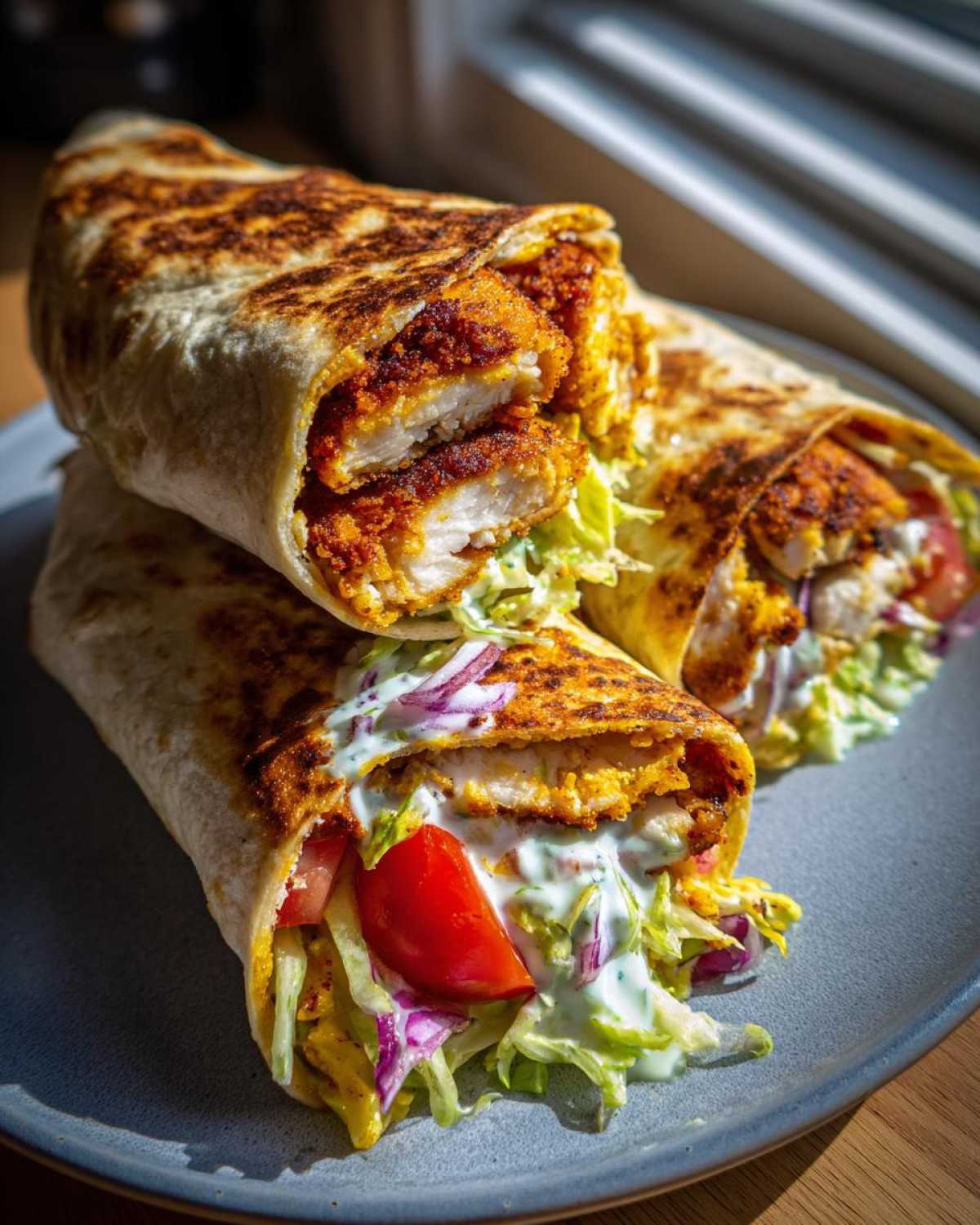 Two halves of a Crispy Chicken Wrap with Garlic Yogurt Sauce, showing crispy chicken, lettuce, tomato, and sauce.