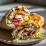 A delicious Crispy Chicken Wrap cut in half, showing crispy chicken strips, lettuce, tomato, red onion, and garlic yogurt sauce.
