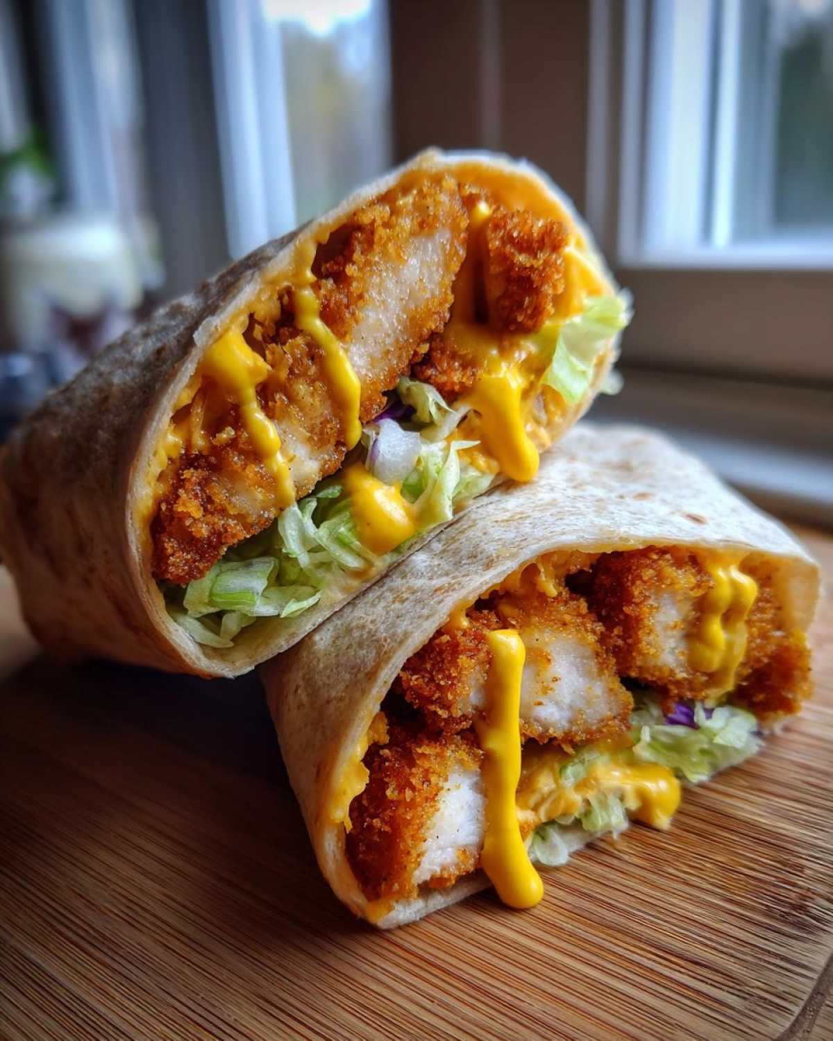 Two halves of a Crispy Chicken Wrap with Honey Mustard Sauce, showing crispy chicken, lettuce, and sauce.