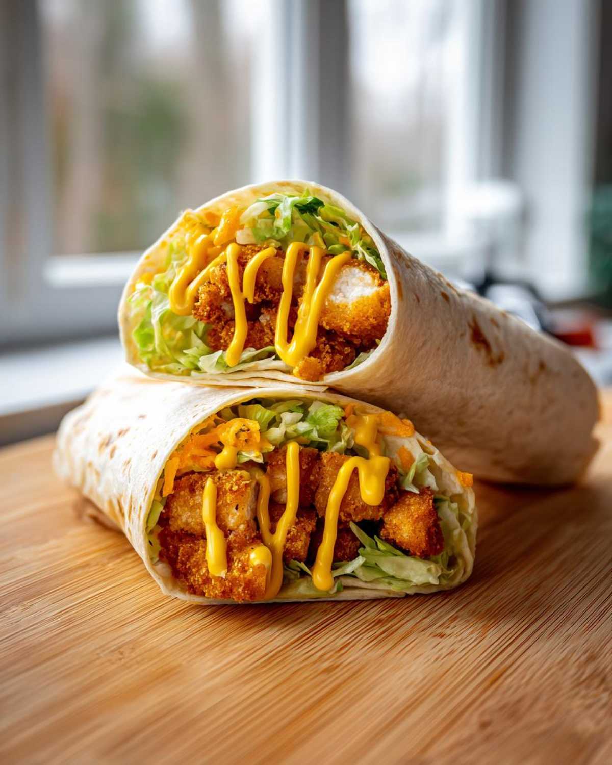 Two halves of a Crispy Chicken Wrap with Honey Mustard Sauce stacked, showing crispy chicken, lettuce, and sauce drizzle.