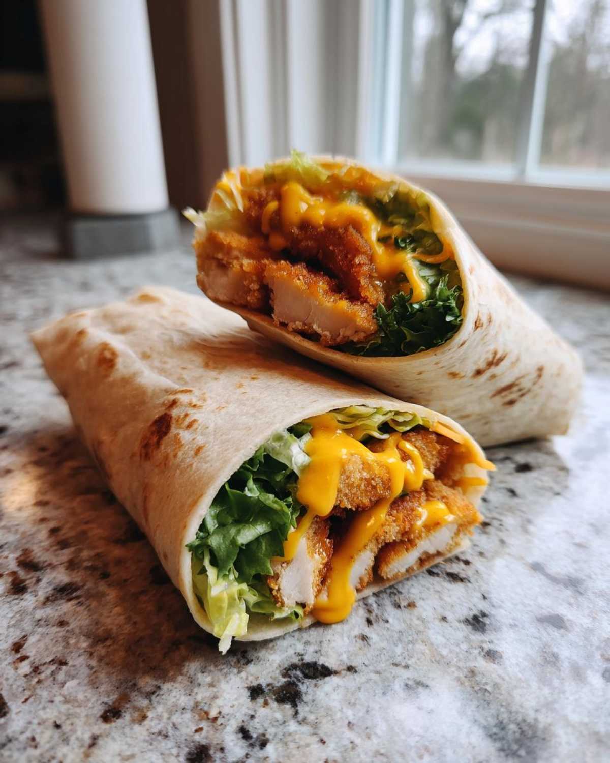 Two halves of a Crispy Chicken Wrap with Honey Mustard Sauce showing crispy chicken, lettuce, and sauce drizzle.