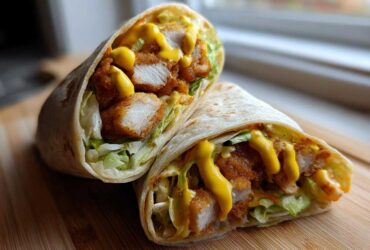 A close-up of a Crispy Chicken Wrap with Honey Mustard Sauce cut in half, showing crispy chicken, lettuce, and sauce.