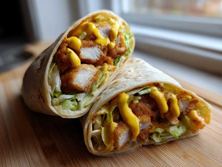 A close-up of a Crispy Chicken Wrap with Honey Mustard Sauce cut in half, showing crispy chicken, lettuce, and sauce.