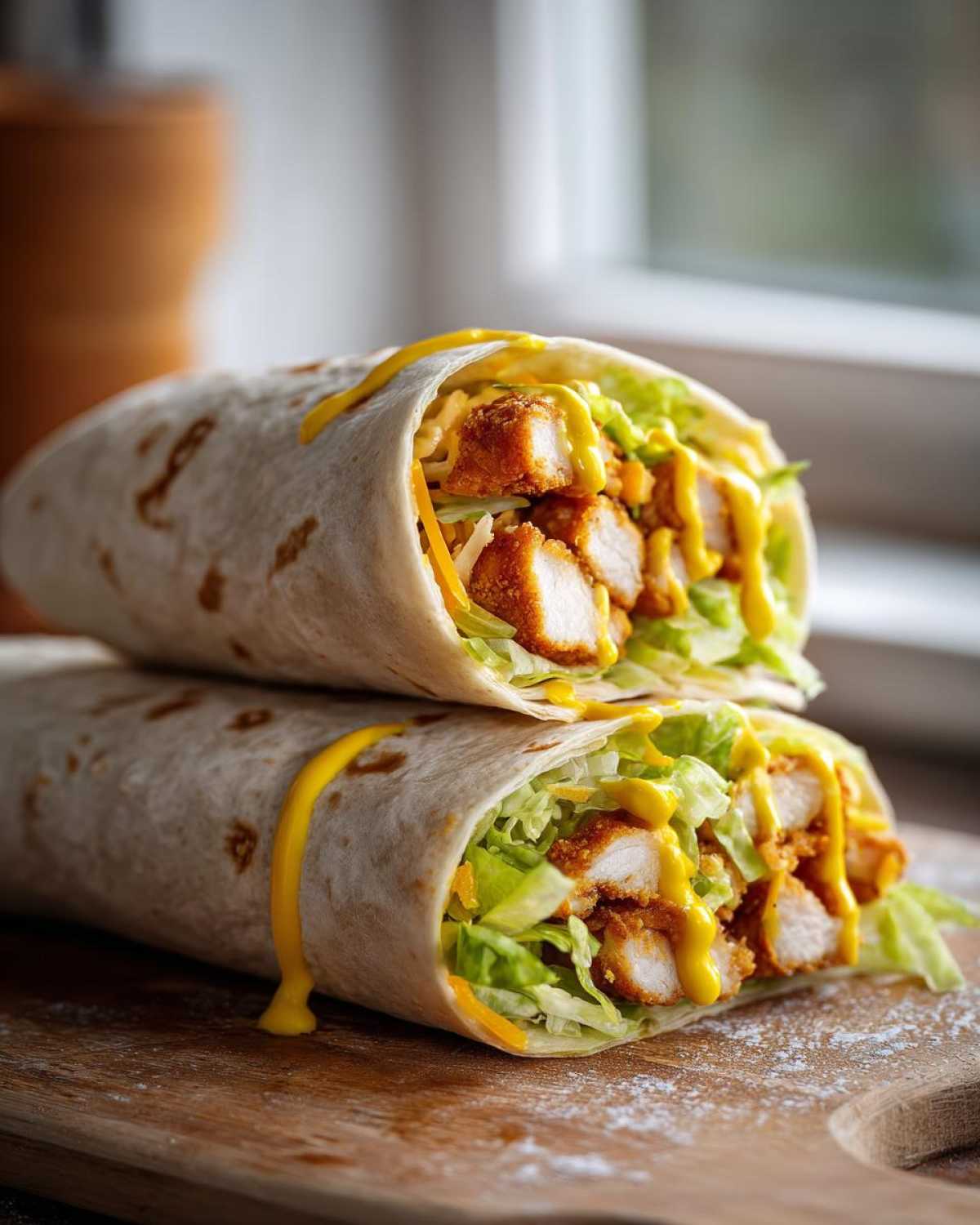 Two halves of a Crispy Chicken Wrap with Honey Mustard Sauce stacked on a wooden board.