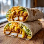 Two halves of a Crispy Chicken Wrap with Honey Mustard Sauce stacked, showing crispy chicken, lettuce, and cheese.