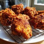 Close-up of several pieces of Crispy Fried Chicken with Golden Crunch resting on a wire rack over a white plate.