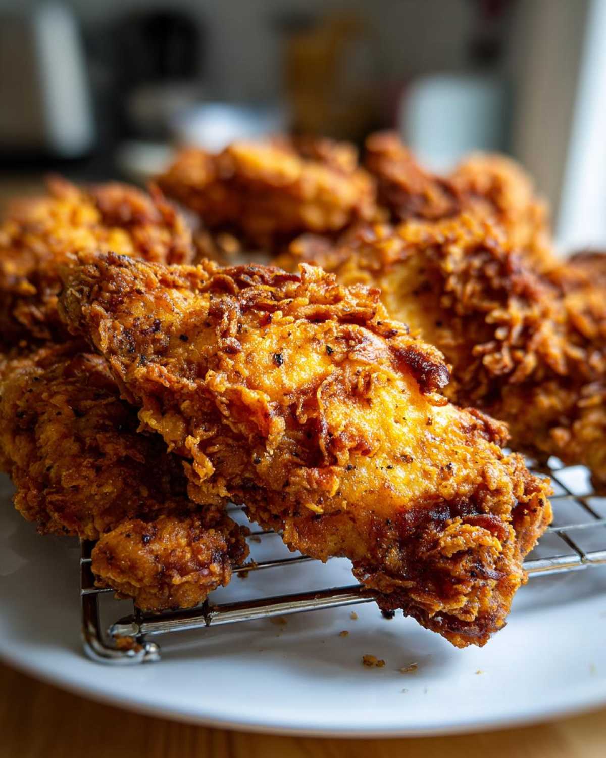Close-up of perfectly cooked Crispy Fried Chicken with Golden Crunch resting on a wire rack.