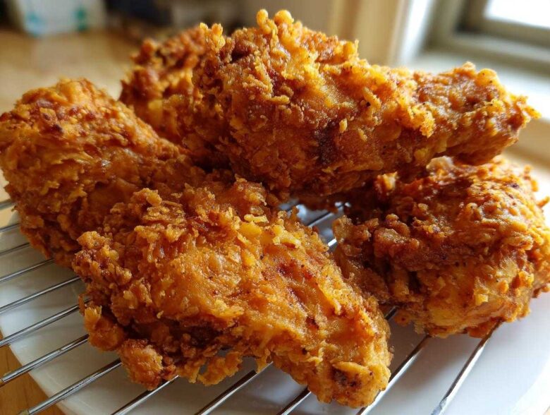 Four pieces of perfectly cooked Crispy Fried Chicken with Golden Crunch resting on a wire cooling rack.