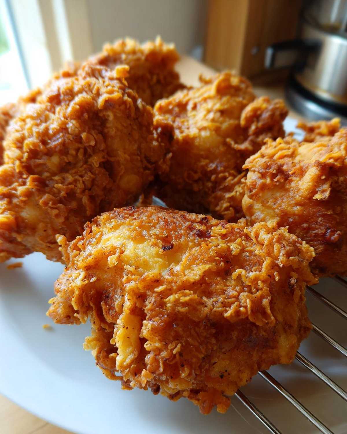 Close-up of several pieces of golden brown Crispy Fried Chicken with Golden Crunch resting on a wire rack over a white plate.