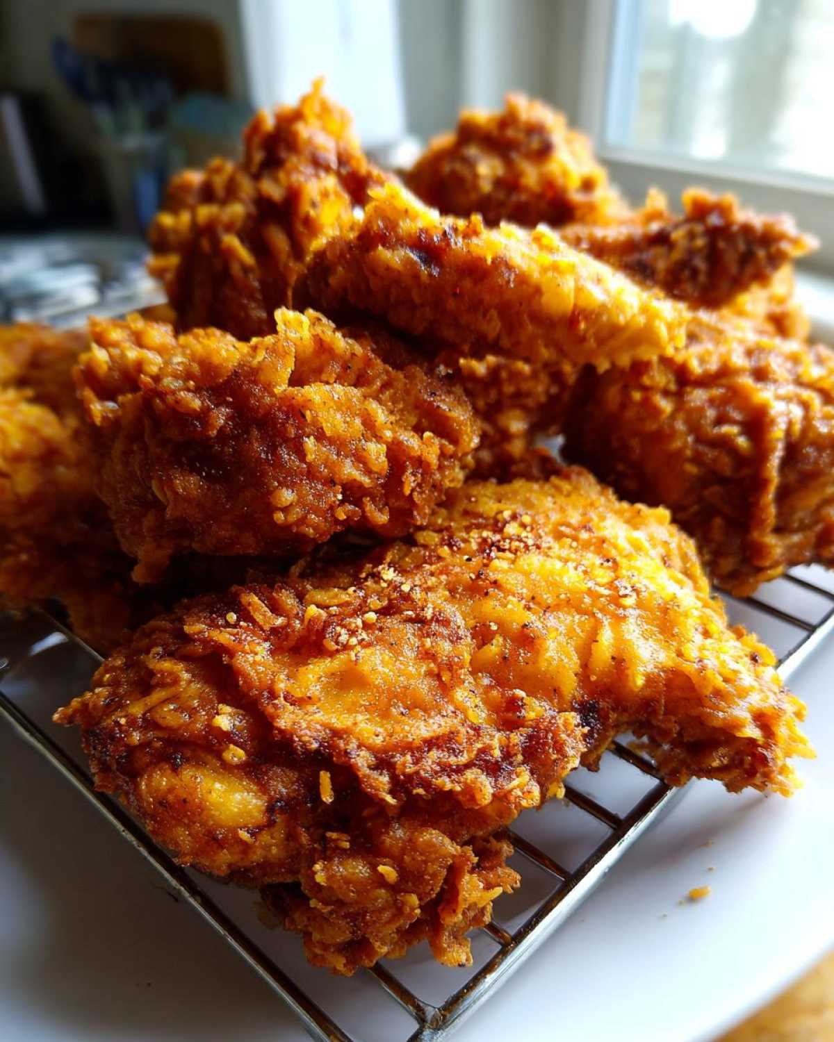 A close-up of several pieces of Crispy Fried Chicken with Golden Crunch resting on a wire cooling rack.