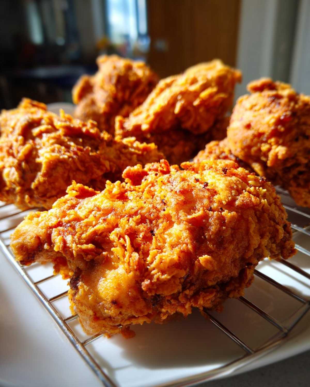 Close-up of several pieces of Crispy Fried Chicken with Golden Crunch resting on a metal cooling rack.