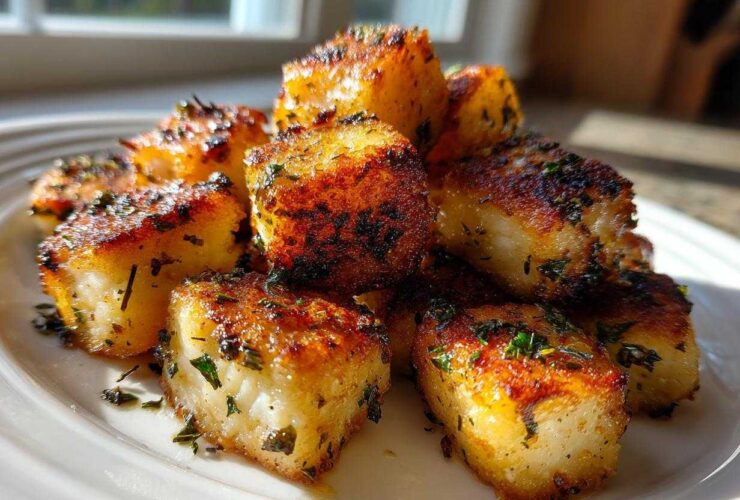 Close-up of crispy and juicy Garlic Butter Salmon Bites seasoned with herbs on a white plate.
