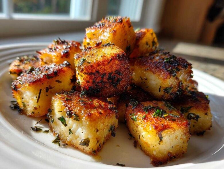 Close-up of crispy and juicy Garlic Butter Salmon Bites seasoned with herbs on a white plate.