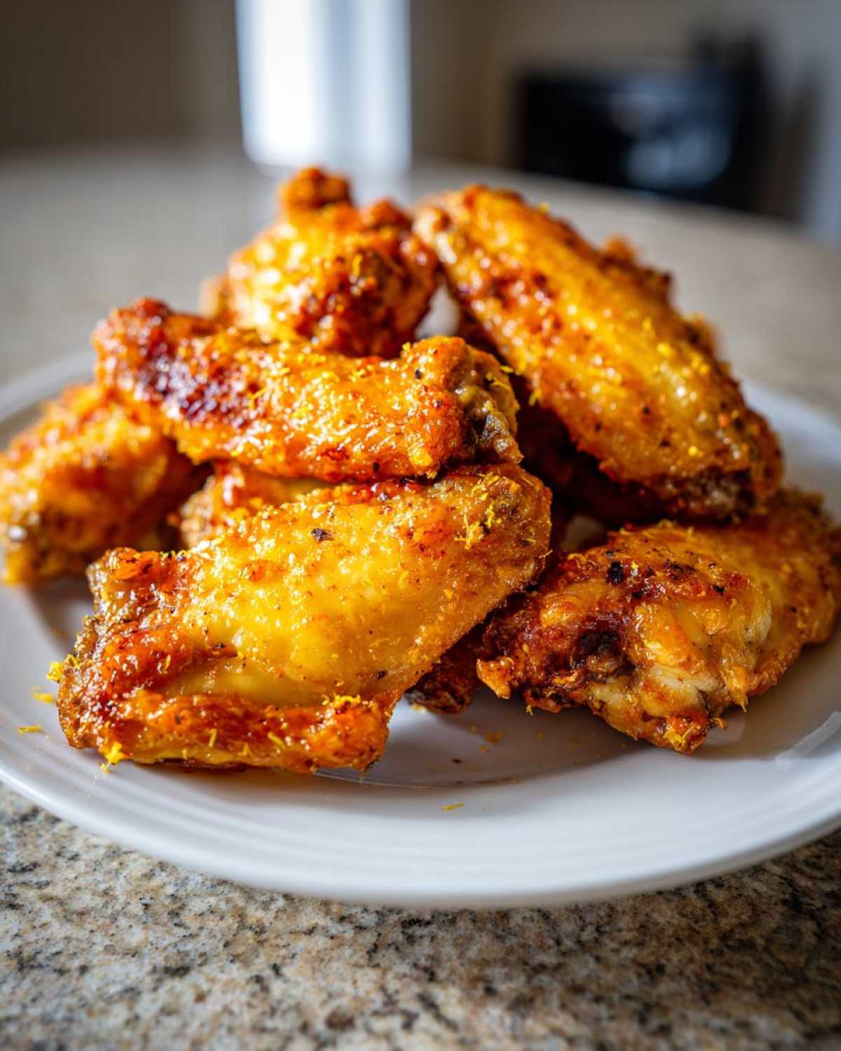 A close-up of several golden, crispy Lemon Pepper Chicken Wings Crispy Oven Style piled on a white plate.