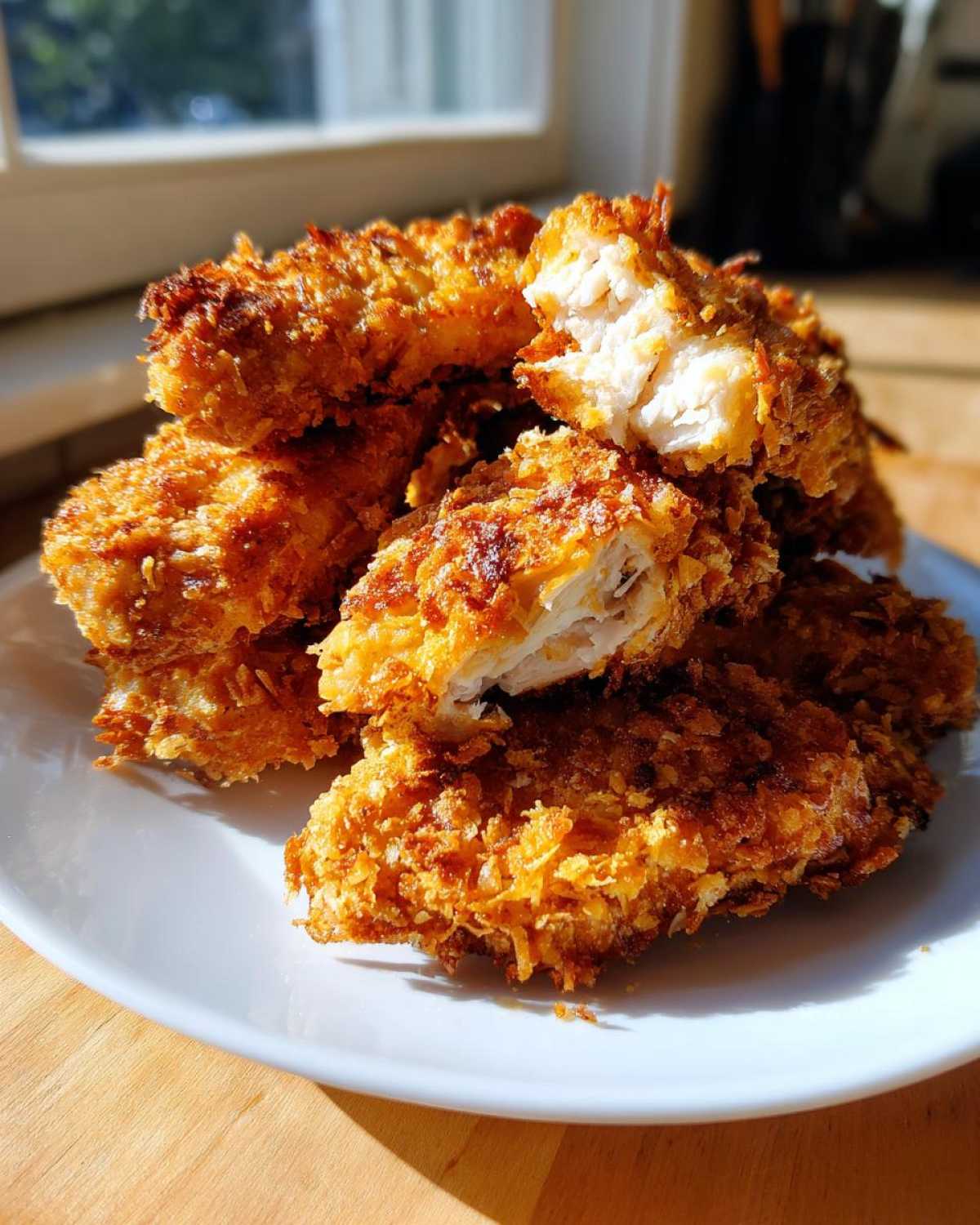 A stack of golden brown Crispy Oven Baked Chicken Tenders on a white plate, one piece broken open to show the juicy white meat inside.