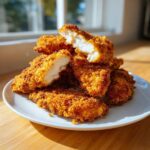 A pile of Crispy Oven Baked Chicken Tenders on a white plate, one cut open to show the juicy white meat inside.