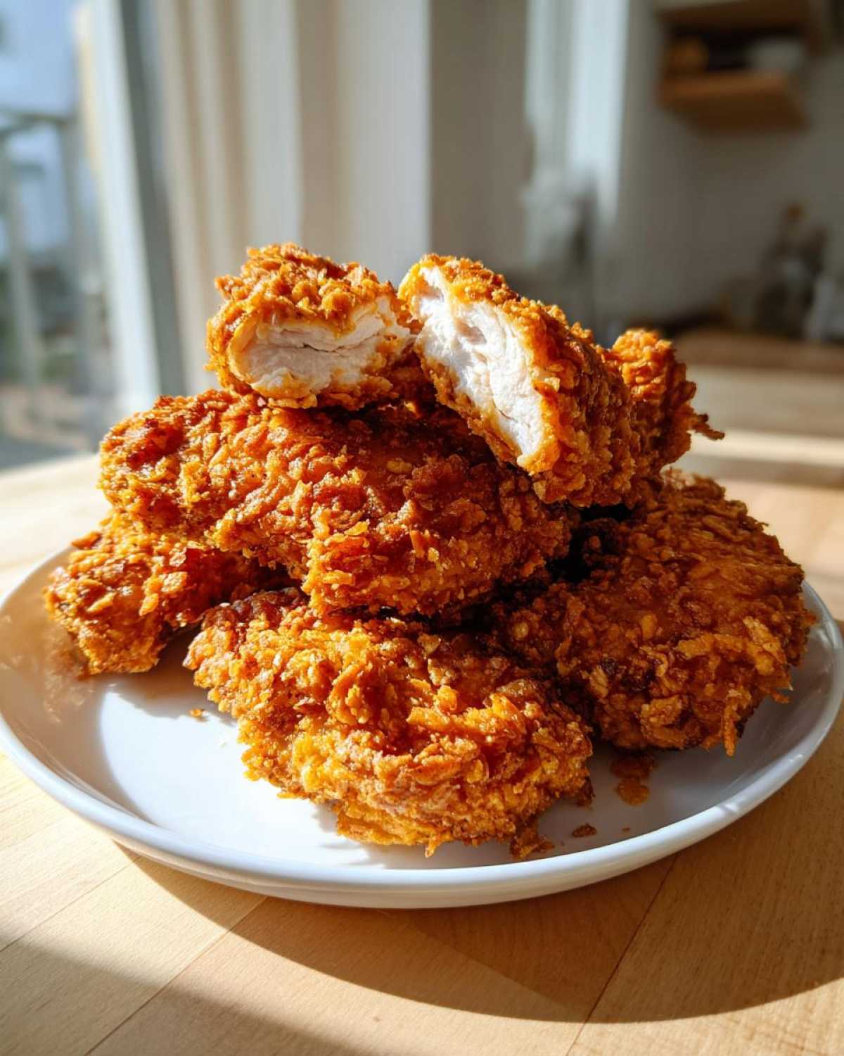 A pile of golden brown Crispy Oven Baked Chicken Tenders on a white plate, one cut open to show the juicy white meat.