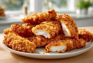 A plate piled high with Crispy Oven Baked Chicken Tenders Extra Juicy, showing one cut open to reveal moist white meat.