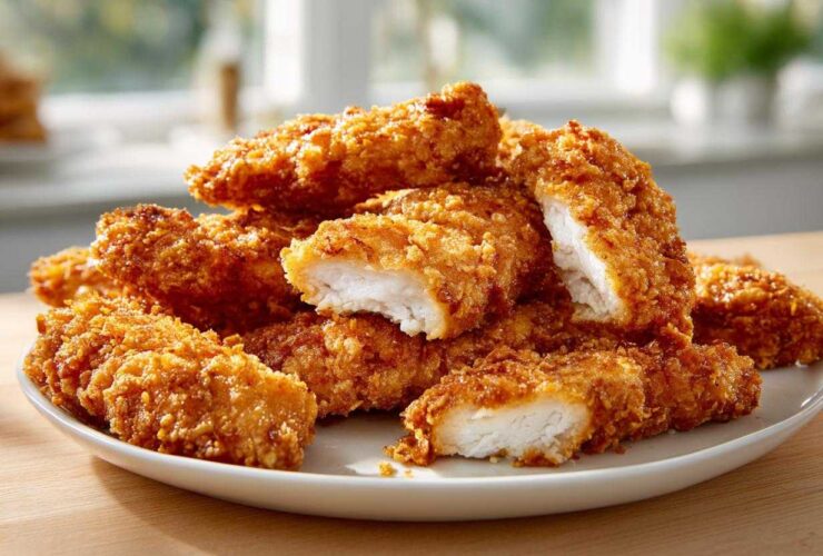 A plate piled high with Crispy Oven Baked Chicken Tenders Extra Juicy, showing one cut open to reveal moist white meat.
