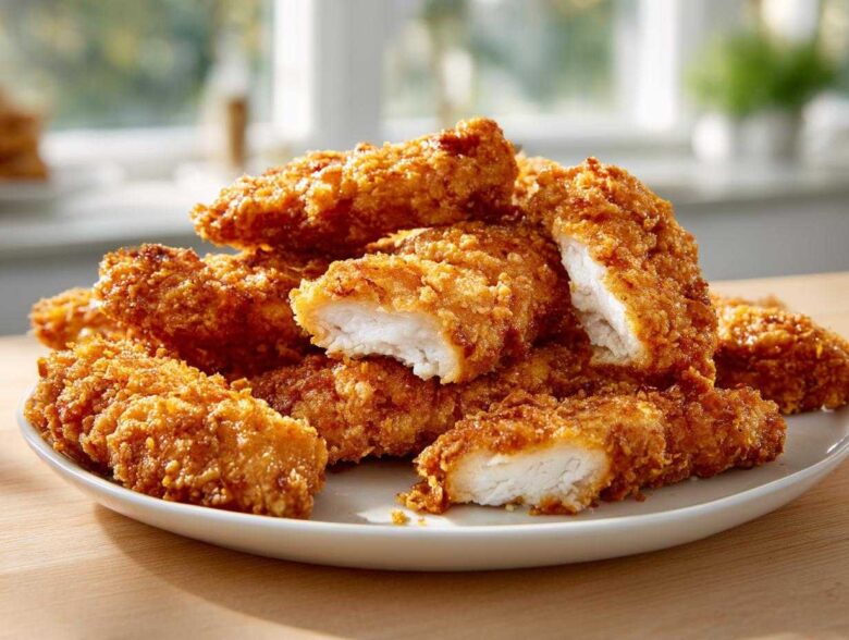 A plate piled high with Crispy Oven Baked Chicken Tenders Extra Juicy, showing one cut open to reveal moist white meat.
