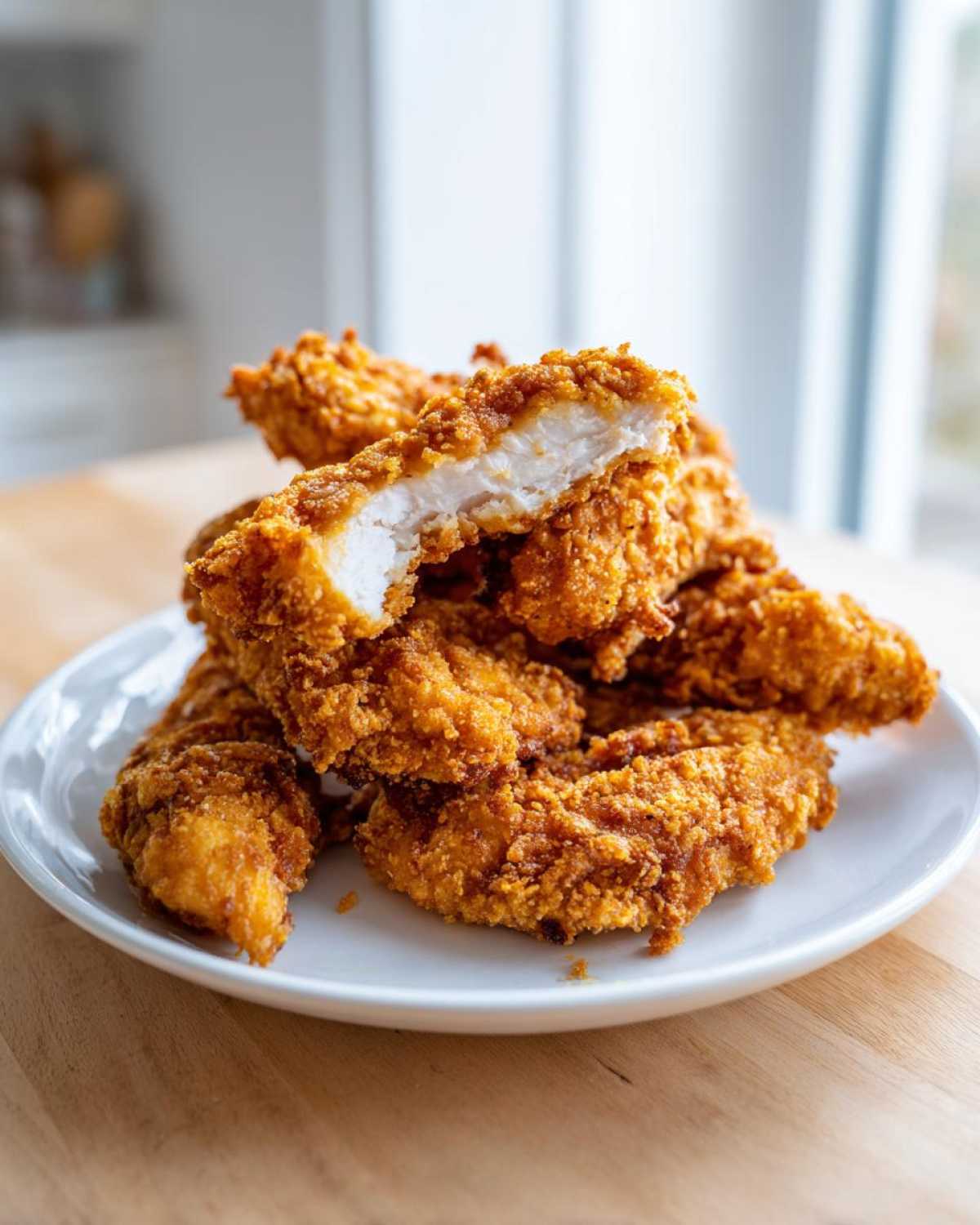 A stack of golden brown Crispy Oven Baked Chicken Tenders, one piece is cut open showing the juicy white meat inside.