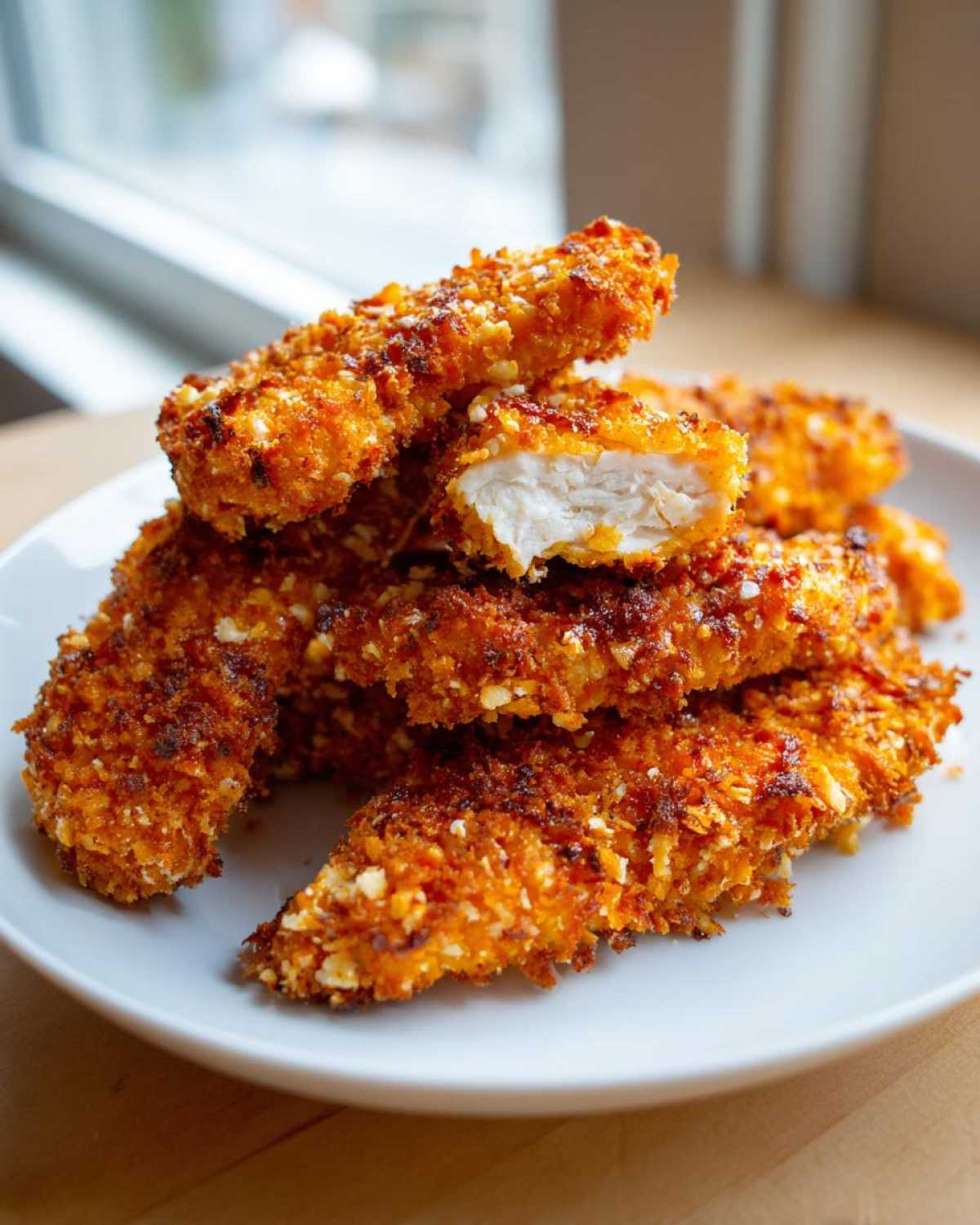 A stack of golden brown, crispy oven baked chicken tenders extra juicy, with one piece broken open showing the white interior.