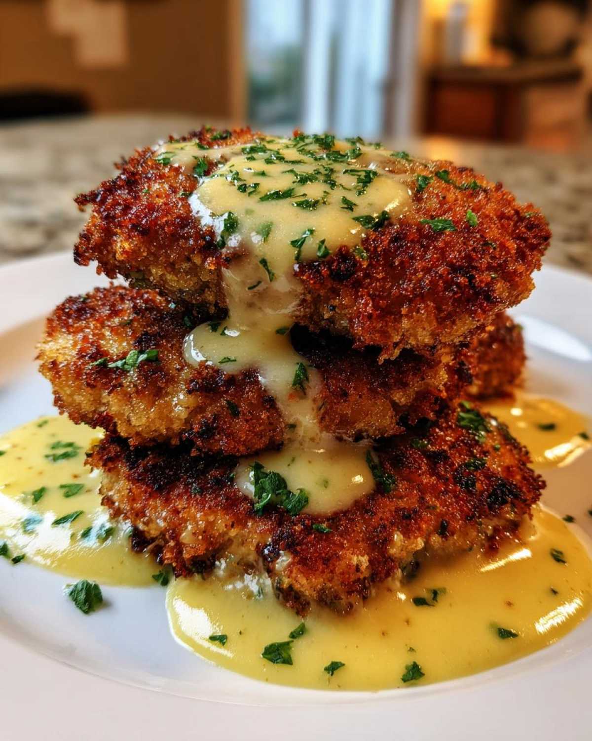 Three stacked Crispy Parmesan Chicken Cutlets generously drizzled with a light yellow creamy sauce and fresh parsley.