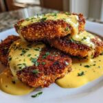 Three stacked Crispy Parmesan Chicken Cutlets generously covered in a rich, creamy yellow sauce and sprinkled with parsley.