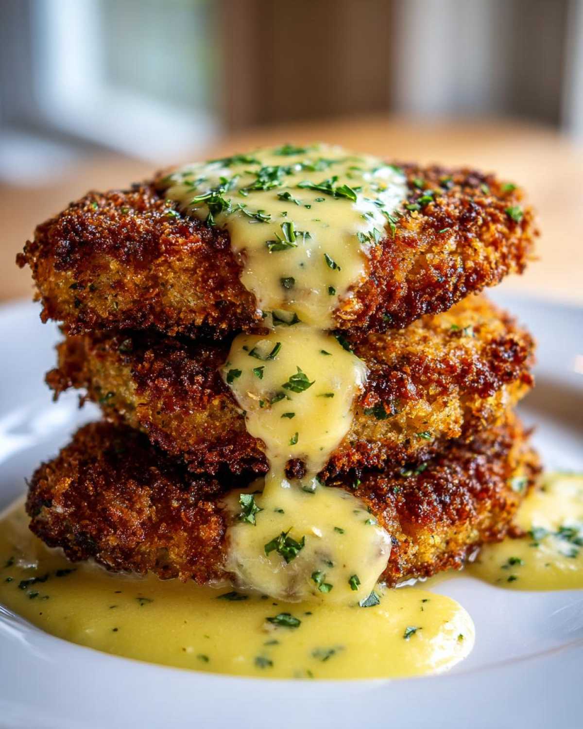 Three stacked Crispy Parmesan Chicken Cutlets generously topped with a rich, yellow creamy sauce and fresh parsley.