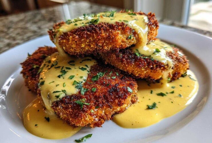 Three stacked Crispy Parmesan Chicken Cutlets generously covered in a rich, creamy yellow sauce and sprinkled with parsley.