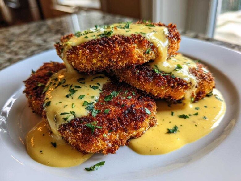 Three stacked Crispy Parmesan Chicken Cutlets generously covered in a rich, creamy yellow sauce and sprinkled with parsley.