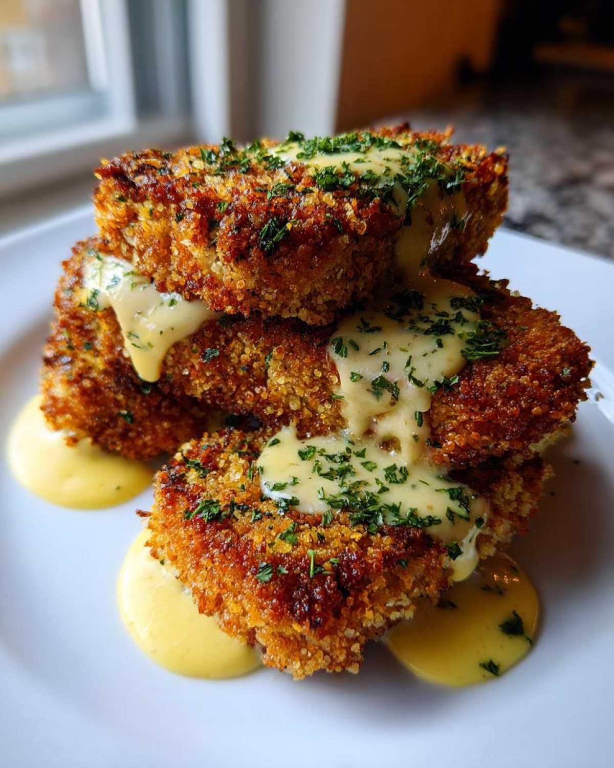 Three stacked Crispy Parmesan Chicken Cutlets drizzled with a creamy yellow sauce and sprinkled with parsley.