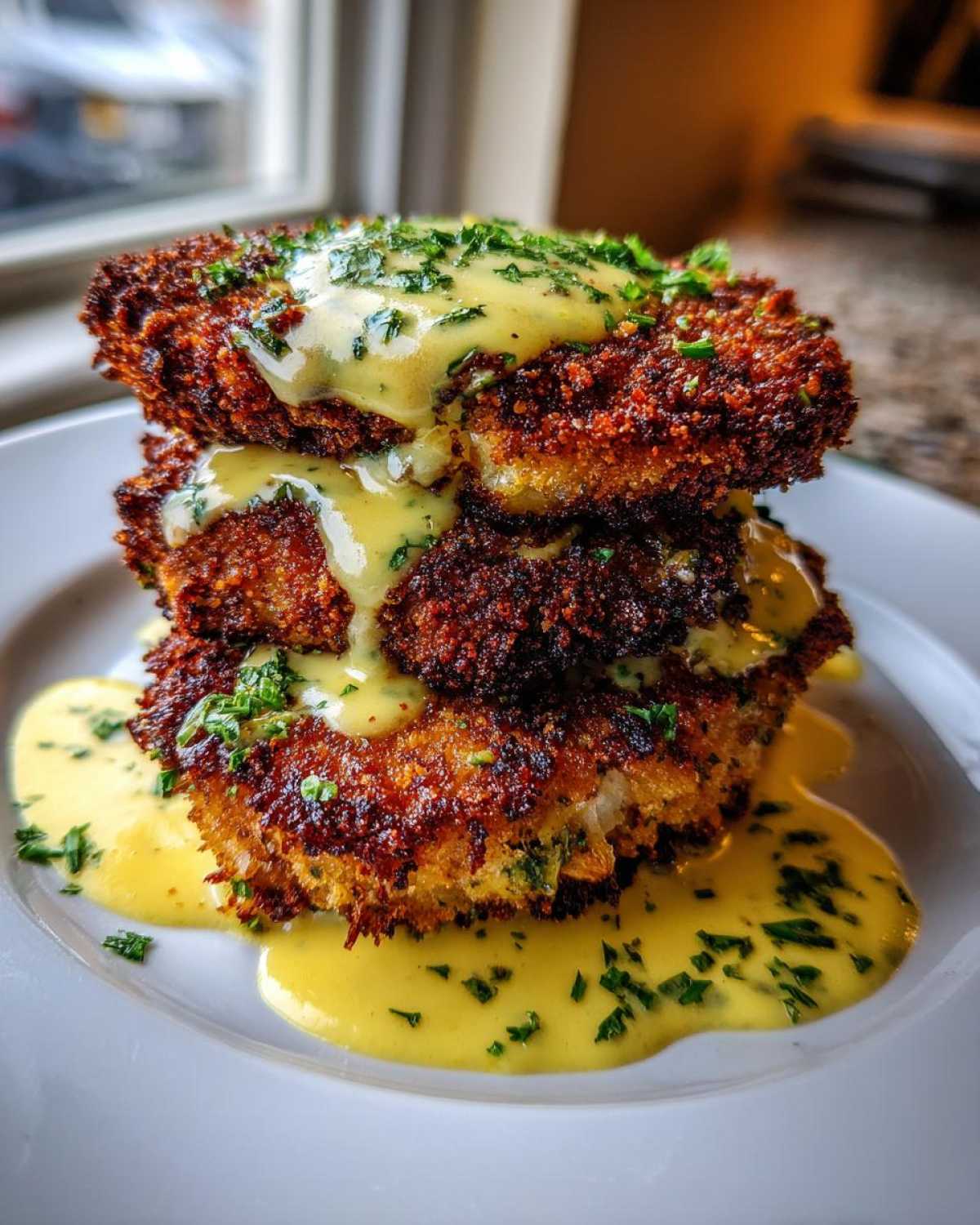 Three stacked, deeply browned Crispy Parmesan Chicken Cutlets drizzled generously with a bright yellow creamy sauce and fresh parsley.
