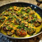 Close-up of Garlic Butter Chicken and Mushroom Skillet Dinner, glistening in a rich garlic butter sauce and topped with fresh parsley.