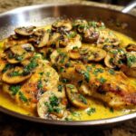 Close-up of golden-brown chicken breasts topped with sautéed mushrooms in a rich garlic butter sauce, part of the Garlic Butter Chicken and Mushroom Skillet Dinner.