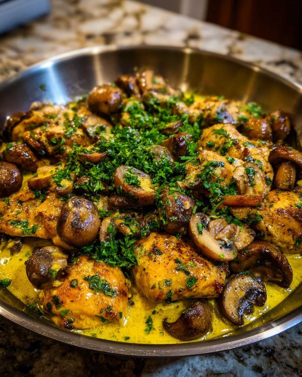 Close-up of Garlic Butter Chicken and Mushroom Skillet Dinner in a stainless steel pan, topped with fresh parsley.