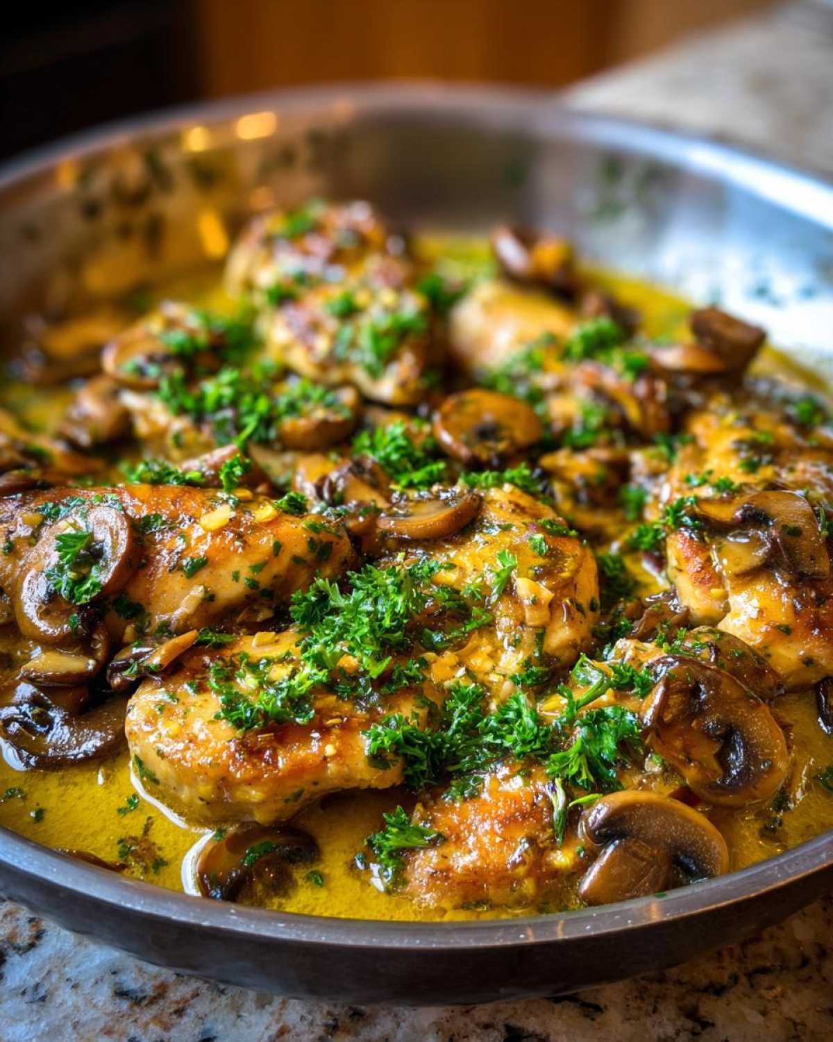 Close-up of Garlic Butter Chicken and Mushroom Skillet Dinner simmering in a rich, yellow garlic butter sauce and topped with fresh parsley.