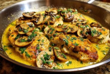 Close-up of golden-brown chicken breasts topped with sautéed mushrooms in a rich garlic butter sauce, part of the Garlic Butter Chicken and Mushroom Skillet Dinner.