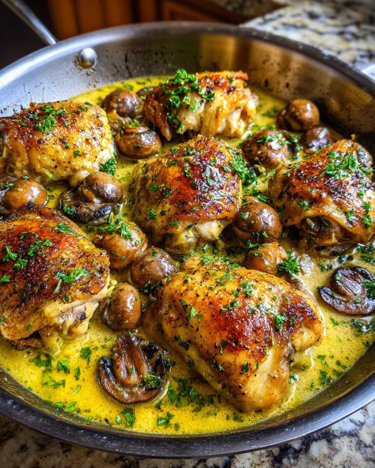 Close-up of golden-brown chicken thighs simmering with whole mushrooms in a rich, yellow garlic butter sauce, garnished with parsley.