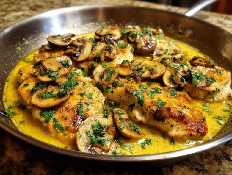 Close-up of golden-brown chicken breasts topped with sautéed mushrooms in a rich garlic butter sauce, part of the Garlic Butter Chicken and Mushroom Skillet Dinner.