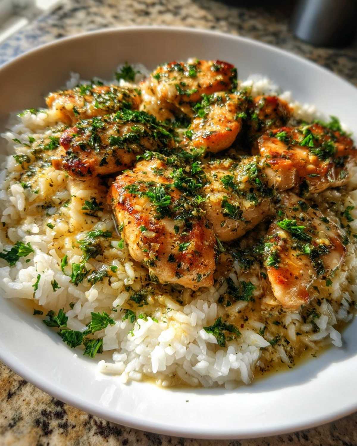 Close-up of golden seared chicken pieces covered in garlic butter sauce and parsley served over white rice in a bowl.