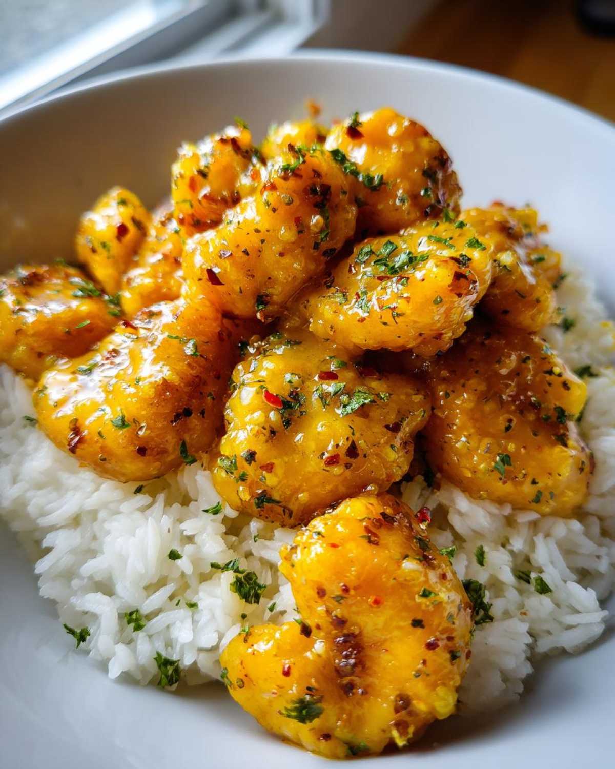 Close-up of golden Garlic Butter Chicken Bites generously coated in sauce and sprinkled with herbs, served atop a bed of fluffy white rice.