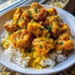 Close-up of crispy Garlic Butter Chicken Bites coated in a rich sauce, served over a bed of fluffy white rice.