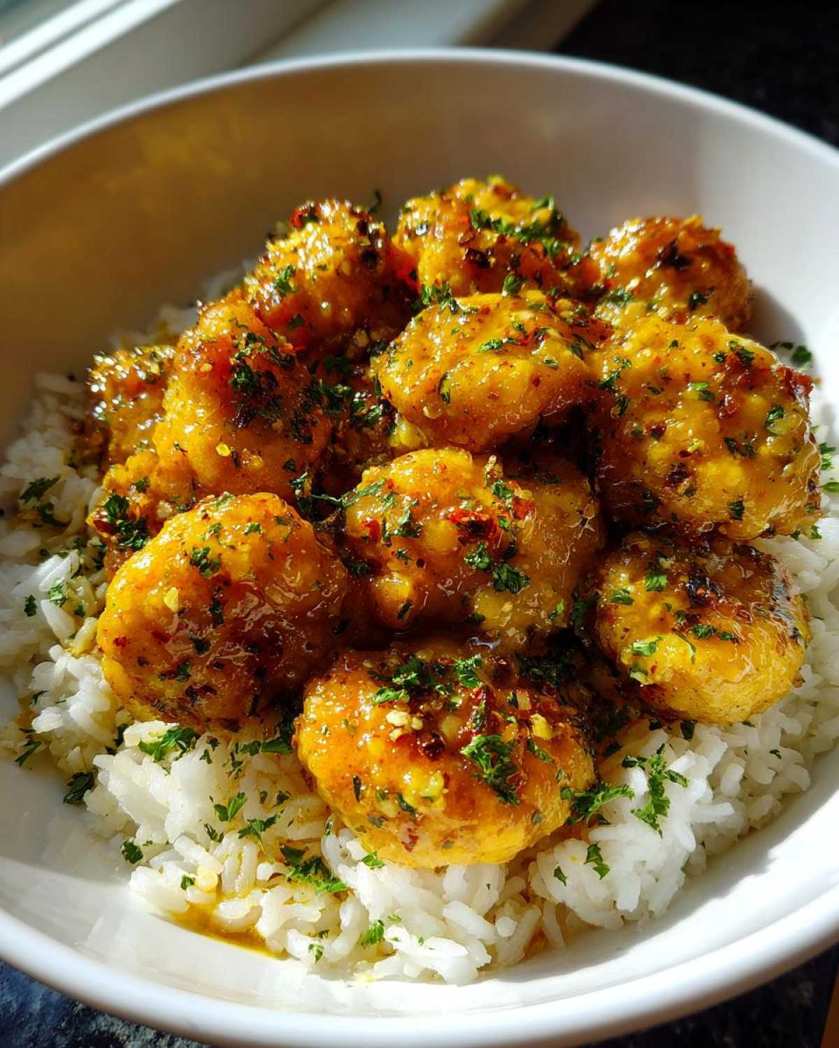 Close-up of golden Garlic Butter Chicken Bites coated in sauce and herbs, served over fluffy white rice in a bowl.